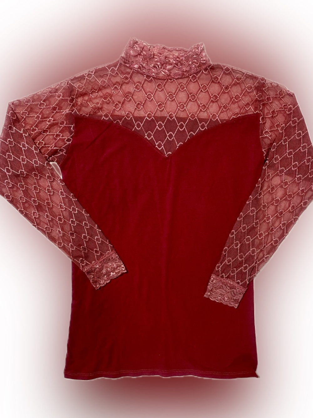 Women's Lace Mock Neck Velvet Bodysuit Top - Burgundy